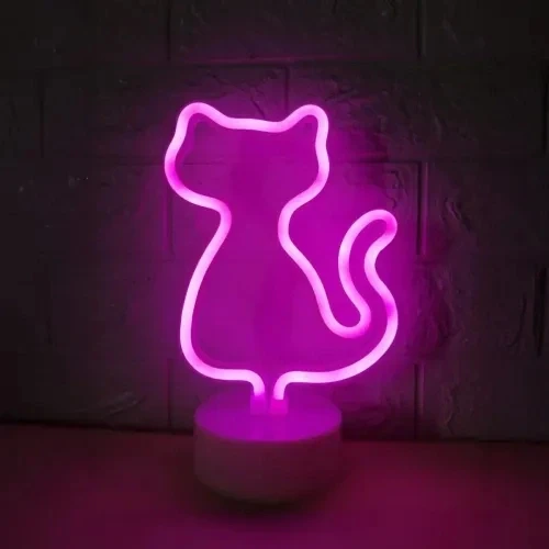 Neon Kedi Masa Gece Lambası Pembe Işık - Resim 4