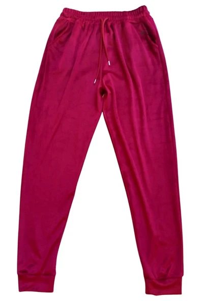 Parlak Kadife Cepli Pantolon Eşofman Pijama Altı Unisex Lastikli Paça Bordo ürün görseli 1