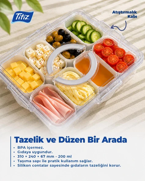 Çok Amaçlı Atıştırmalık Kabı 8 Bölmeli Taşınabilir Kahvaltılık Çerez Saklama Kutusu 310x240x68 mm ürün görseli 1