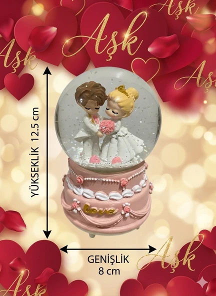 KÜÇÜK BOY 12.5 CM Kar Küresi Love Pilli Işıklı Müzikli Orta Boy Dönence Gelin Damat Kalpli Sevgililere Özel ROSE RENK ürün görseli 1