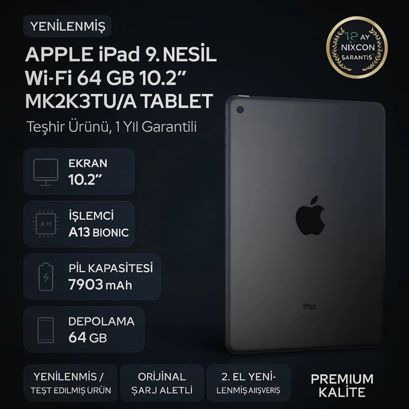 Apple iPad 9. Nesil Wi-Fi 64 GB 10.2” MK2K3TU/A Tablet - Teşhir Ürünü, 1 Yıl Garantili ürün görseli 1