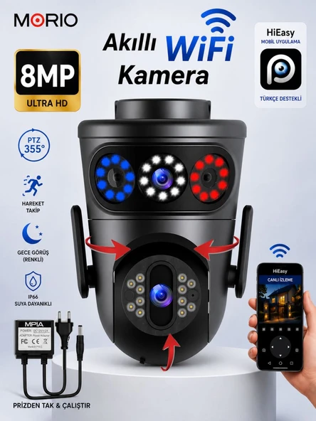 MPIA MORIO Wifi 8MP FullHD Dual Lens (Hareketli+Sabit) Akıllı Güvenlik Kamerası Hieasy Gece Görüş Sesli Kişi Takibi + 12V Adaptör ürün görseli 1
