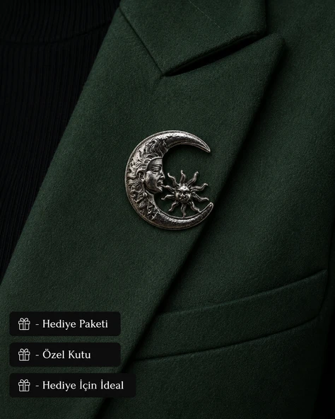 Gümüş Eskitme Güneş ve Hilal Figürlü Vintage Kadın Broş - Şık Hediye ürün görseli 1