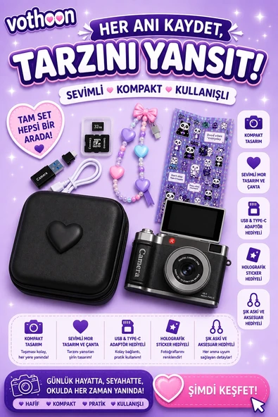 4k Çantalı Dijital Retro Video Kamera 48mp 16x Zoom Işıklı (32gb) Kart Dijital Fotoğraf Makinesi Siyah ürün görseli 1