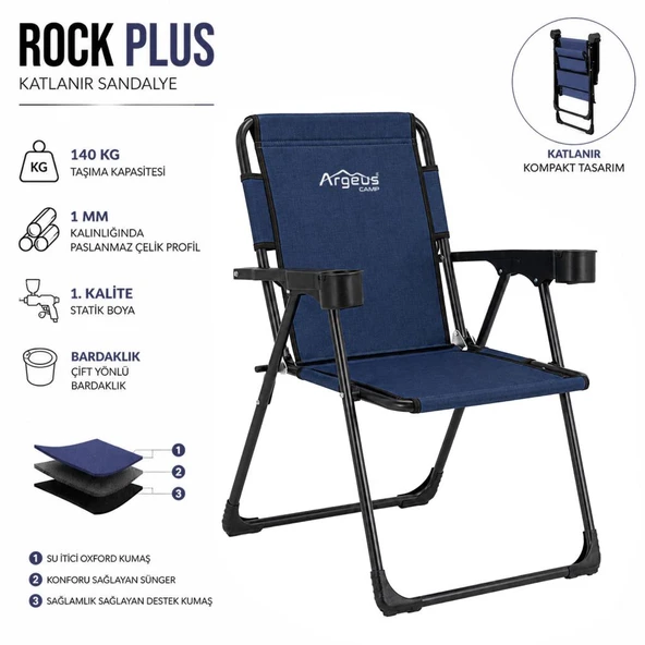 Katlanır Piknik ve Kamp Sandalyesi - Bardaklıklı - Rock Plus - Linen Lacivert ürün görseli 1