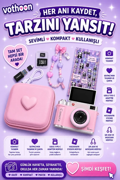 4k Çantalı Dijital Retro Video Kamera 48mp 16x Zoom Işıklı (32gb) Kart Dijital Fotoğraf Makinesi Pembe ürün görseli 1