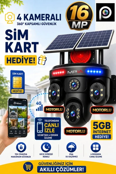 MPIA  RENORA 4G 16MP 4 Kameralı ( 3 Motorlu +1 Sabit) Sirenli Çift Solar Panel 19200Mah Batarya HiEasy Güvenlik Kamerası ürün görseli 1