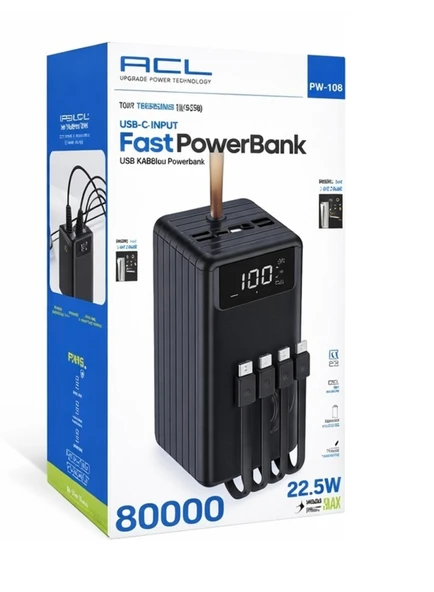 Hızlı Powerbank 80.000MAH PW-108  Hızlı Şarj 22.5W LCD Gösterge, Dahili Lightning, Type-C ve Micro Kablolu 7 Portlu USB Hub ürün görseli 1
