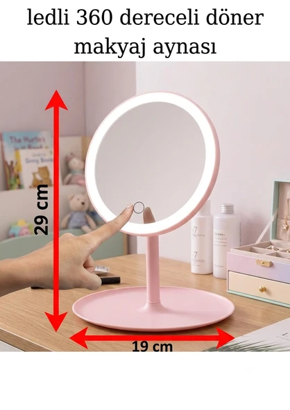 Led Işıklı Dokunmatik Makyaj Aynası Pembe  Beyaz 3 Kademeli Işık Ayarı  360 Döner Başlık ürün görseli 1
