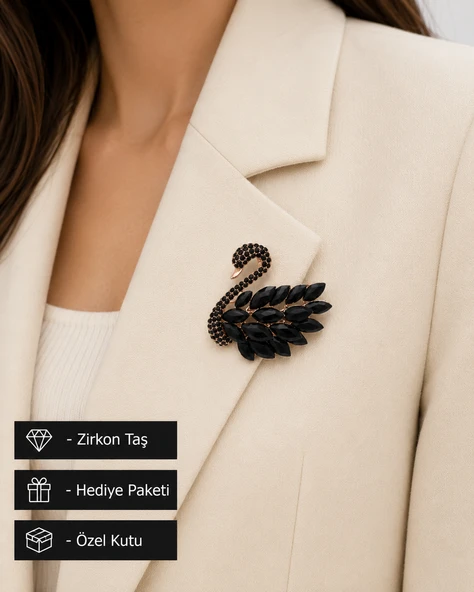 Zarif Siyah Kuğu Kadın Broş - Rose Premium Özel Gün İçin Şık Bir Hediye ürün görseli 1