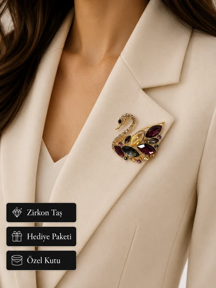 Kadın Gold Kuğu Broş Renkli Kristal Taşlı Zirkon Yaka İğnesi Hediye ürün görseli 1