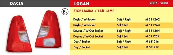 MARS STOP LAMBA DACIA LOGAN / SAĞ (2007-2009) (DUYSUZ) ürün görseli 1
