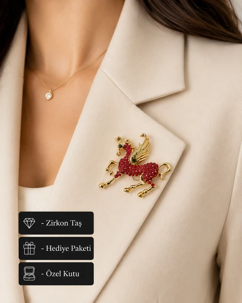 Altın Kaplama Kırmızı Zirkon Taşlı Pegasus Kanatlı At Kadın Broş ürün görseli 1