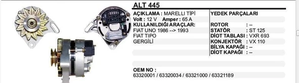 DODO ALTERNATÖR 12V 65 A. FIAT UNO 86-93 GERGİLİ TIPO MARELLİ/MAKO TİPİ ürün görseli 1