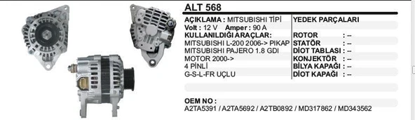 DODO ALTERNATÖR 12V.90A MITSUBISHI L-200/COLT 06-> ürün görseli 1