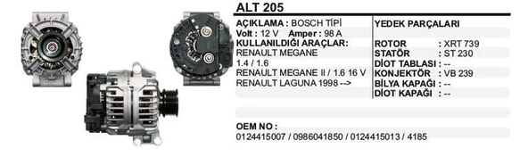 DODO ALTERNATÖR 12V 98A RENAULT MEGANE 1.4 1.6 II 1.6 16V LAGUNA BENZİNLİ 98-> BOSCH TİP ürün görseli 1