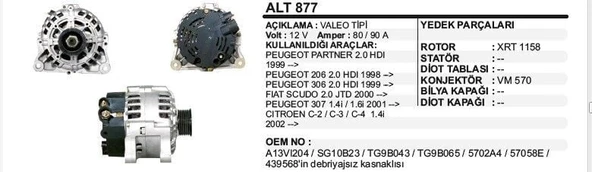 DODO ALTERNATÖR 12V 80/90A PEUGEOT PARTNER 99- 206 98- 306 2.0 HDİ 99- FIAT SCUDO 2.0 JTD 00- VALEO TİP ürün görseli 1