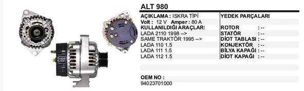 DODO ALTERNATÖR 12V 80A LADA VEGA 2110/SAME TRAKTÖR LADA 110-111-112 1.5 ISKRA TİP ürün görseli 1