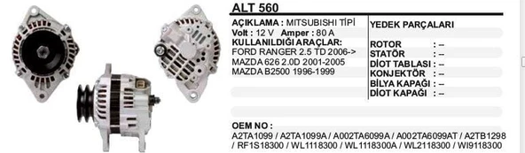 DODO ALTERNATÖR 12V.80A. FORD RANGER/MAZDA 626 2001-> ürün görseli 1
