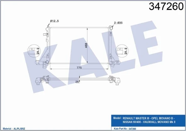 KALE RADYATÖR SU BRAZING 26MM RENAULT MASTER III- OPEL MOVANO 2.3DCI  (10+) ÇAPRAZ AL/PL/BRZ ürün görseli 1