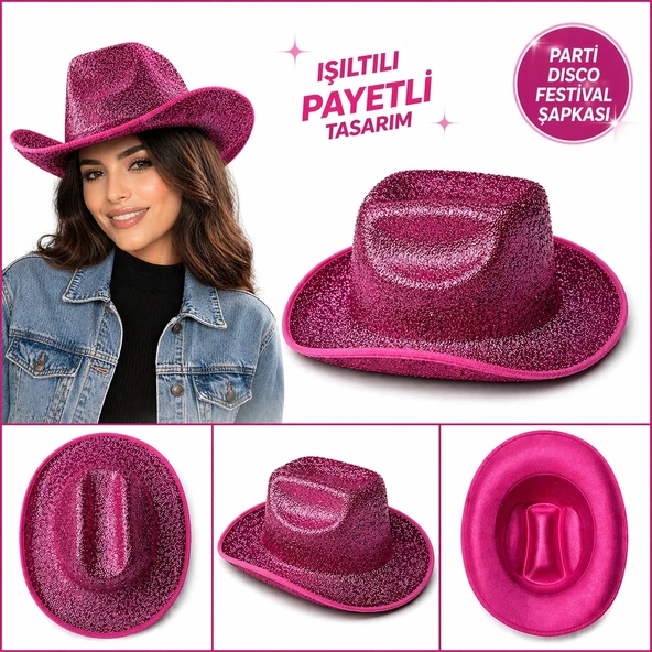 Parlak Pembe Kovboy Şapka Kadın Erkek Parti Disco Festival Şapkası ürün görseli 1