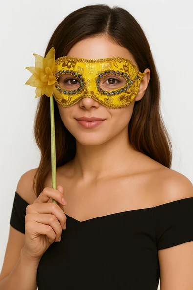 Lüks Taşlı Saplı Maskeli Balo Maskesi Altın Renk 35 cm ürün görseli 1