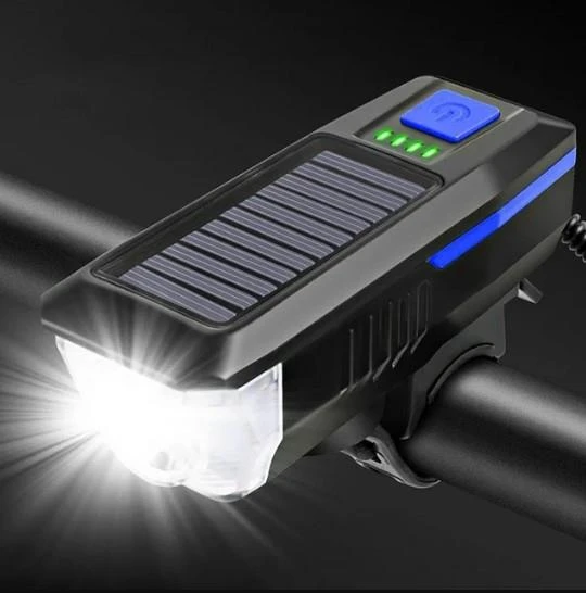 Güneş Enerjili Usb Şarjlı Bisiklet Lambası Solar Fener Ön Far Işık Aydınlatma Kornalı Mavi ürün görseli 1