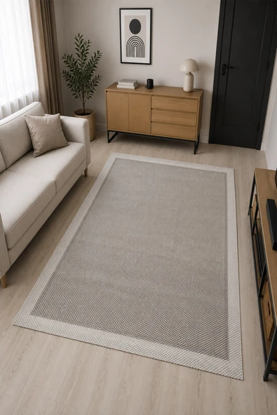 Sisal Görünümlü Bordürlü Baskılı Kaymaz Yıkanabilir Salon Oturma Odası Mutfak Balkon Halısı Yolluk 100 x 200 cm Koyu Gri ürün görseli 1