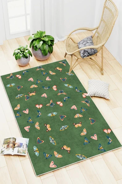 Kelebek Desenli Yeşil Baskılı Kaymaz Yıkanabilir Salon Oturma Odası Mutfak Balkon Halısı Yolluk 100 x 200 cm Yeşil ürün görseli 1
