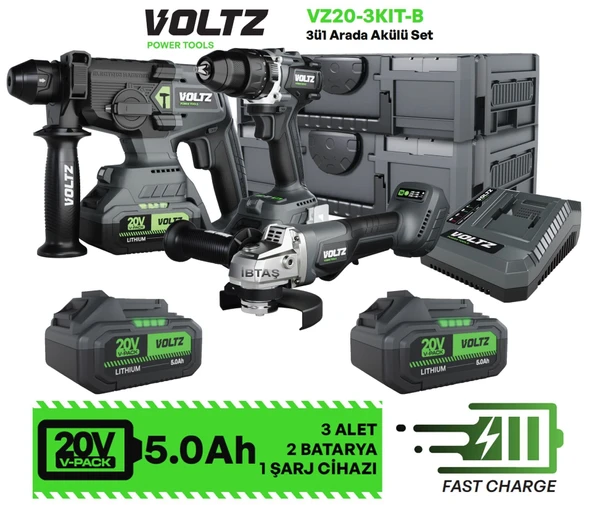 VOLTZ - 20 Volt 5 Amper - Akülü 3 Lü Set - Kırıcı Delici Darbeli Matkap - Avuç Taşlama -  VZ20-3KIT-B ürün görseli 1