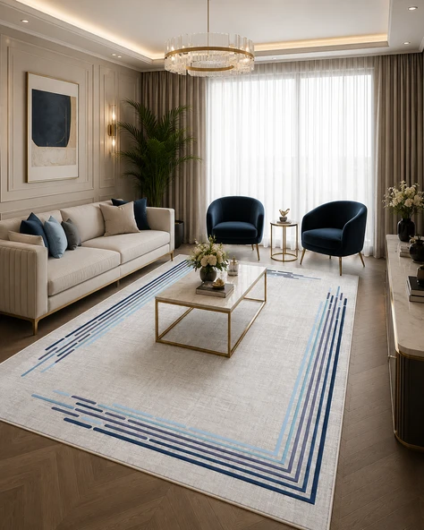 Modern Çerçeve Desen Baskılı Kaymaz Yıkanabilir Salon Oturma Odası Mutfak Balkon Halısı Yolluk 160 x 250 cm Mavi ürün görseli 1