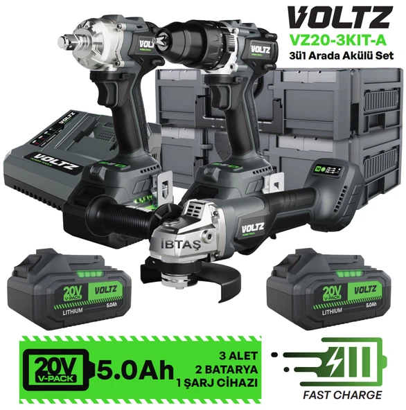 VOLTZ - 20 Volt 5 Amper - Akülü 3 Lü Set - Somun Sökme - Darbeli Matkap - Avuç Taşlama - (VZ20-3KIT-A) ürün görseli 1
