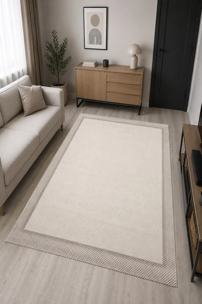 Sisal Görünümlü Bordürlü Baskılı Kaymaz Yıkanabilir Salon Oturma Odası Mutfak Balkon Halısı Yolluk 80 x 150 cm Krem ürün görseli 1
