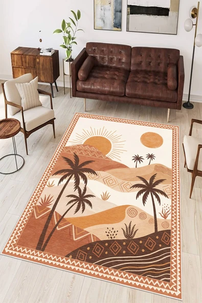 Modern Etnik Desen Baskılı Kaymaz Yıkanabilir Salon Oturma Odası Mutfak Balkon Halısı Yolluk 100 x 150 cm Turuncu ürün görseli 1