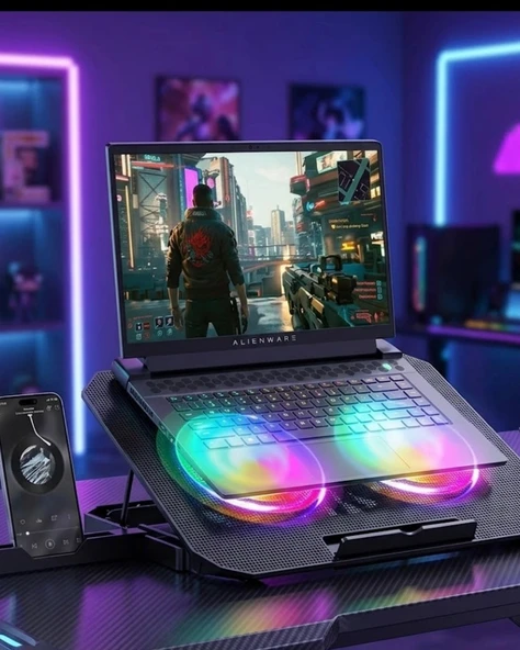 Rgb Işıklı Laptop Soğutucu Stand Çift Fanlı Sessiz Çalışan Ayarlanabilir ürün görseli 1