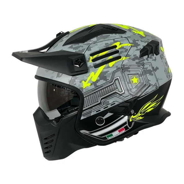 Sway X2 Tokyo Trooper Modüler Full Face Çene Sökülebilen Motosiklet Kaskı L Beden Gri Sarı ürün görseli 1