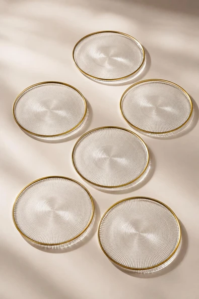 6' lı Cam Kek Pasta Tabağı Seti - 6 Kişilik Yaldızlı Lüks Pasta Takımı(16CM) ürün görseli 1