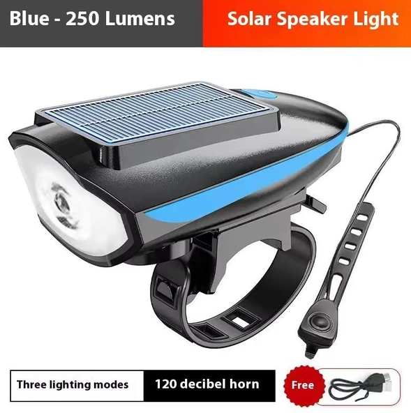 Solar 6163 Şarjlı 250 Lümen 140 Db Yüksek Sesli Bisiklet Ön Farı Ve Korna Mavi Güneş Enerjili Far ürün görseli 1