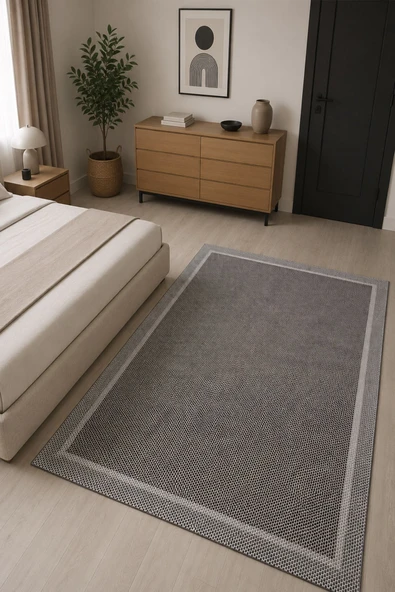 Sisal Görünümlü Bordürlü Baskılı Kaymaz Yıkanabilir Salon Oturma Odası Mutfak Balkon Halısı Yolluk 80 x 150 cm Siyah ürün görseli 1
