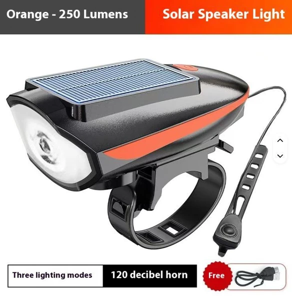 Solar 6163 Şarjlı 250 Lümen 140 Db Yüksek Sesli Bisiklet Ön Farı Ve Korna Turuncu Güneş Enerjili Far ürün görseli 1