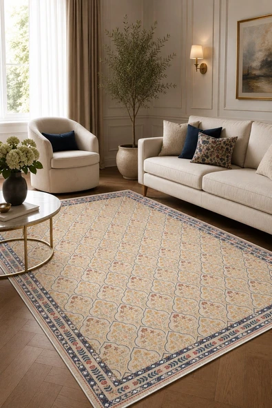 Çerçeveli Floral Desen Baskılı Kaymaz Yıkanabilir Salon Oturma Odası Mutfak Antre Halısı Yolluk 80 x 150 cm Çok Renkli ürün görseli 1