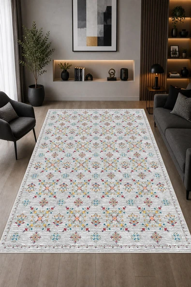 Etnik Çiçek Desenli Baskılı Kaymaz Yıkanabilir Salon Oturma Odası Mutfak Balkon Halısı Yolluk 100 x 400 cm Gri ürün görseli 1