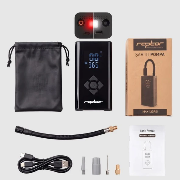 RAPTOR D17-01 Taşınabilir Şarjlı Hava Pompası Kompresör Hava Pompası Elektronik Pompa LED Işıklı ürün görseli 1