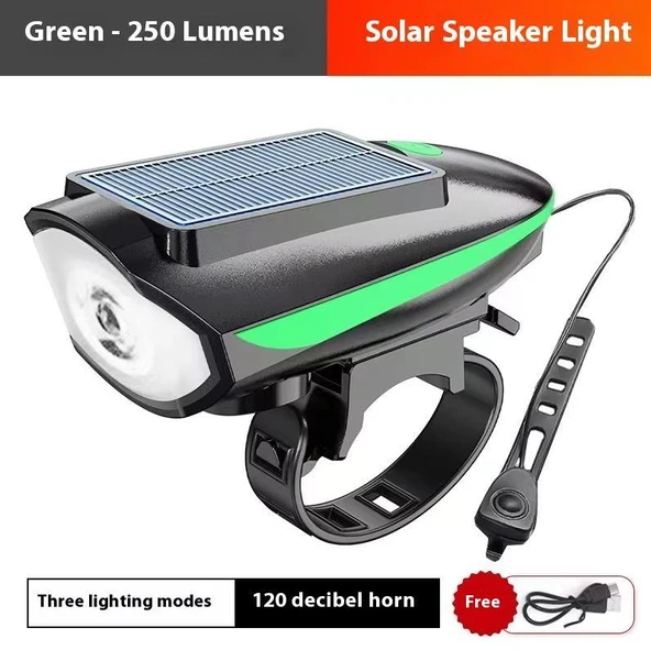 Solar 6163 Şarjlı 250 Lümen 140 Db Yüksek Sesli Bisiklet Ön Farı Ve Korna Yeşil Güneş Enerjili Far ürün görseli 1