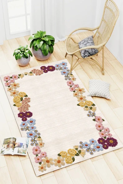 Floral Çerçeve Desen Baskılı Kaymaz Yıkanabilir Salon Oturma Odası Mutfak Balkon Halısı Yolluk 100 x 300 cm Çok Renkli ürün görseli 1