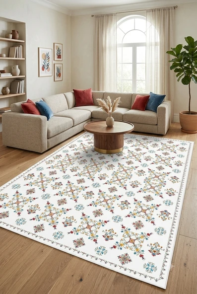 Etnik Çiçek Desenli Baskılı Kaymaz Yıkanabilir Salon Oturma Odası Mutfak Balkon Halısı Yolluk 80 x 150 cm Beyaz ürün görseli 1