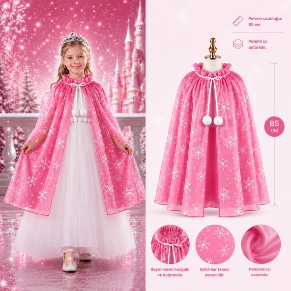 Kar Tanesi Desenli Pembe Elsa Pelerini - Astarlı Frozen Pelerini 85 cm (5224) ürün görseli 1