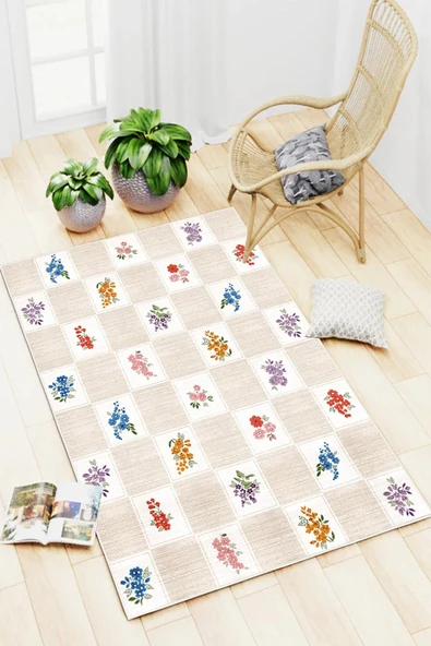 Floral Kilim Desen Baskılı Kaymaz Yıkanabilir Salon Oturma Odası Mutfak Balkon Halısı Yolluk 160 x 250 cm Krem ürün görseli 1