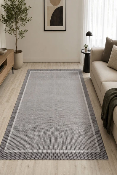 Sisal Görünümlü Bordürlü Baskılı Kaymaz Yıkanabilir Salon Oturma Odası Mutfak Balkon Halısı Yolluk 160 x 230 cm Antrasit ürün görseli 1