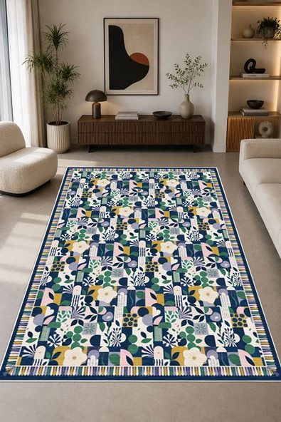 Modern Bohem Desen Renkli Baskılı Kaymaz Yıkanabilir Salon Oturma Odası Mutfak Balkon Halısı Yolluk 160 x 230 cm Çok Renkli ürün görseli 1